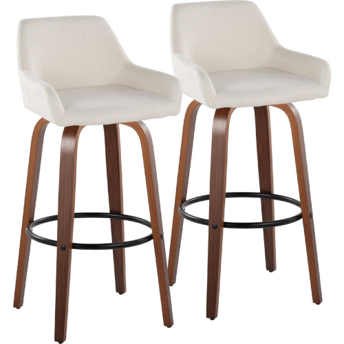 Daniella 30" Swivel Bar Stool in Walnut Wood & Cream Fabric with Black Footrest (Set of 2)